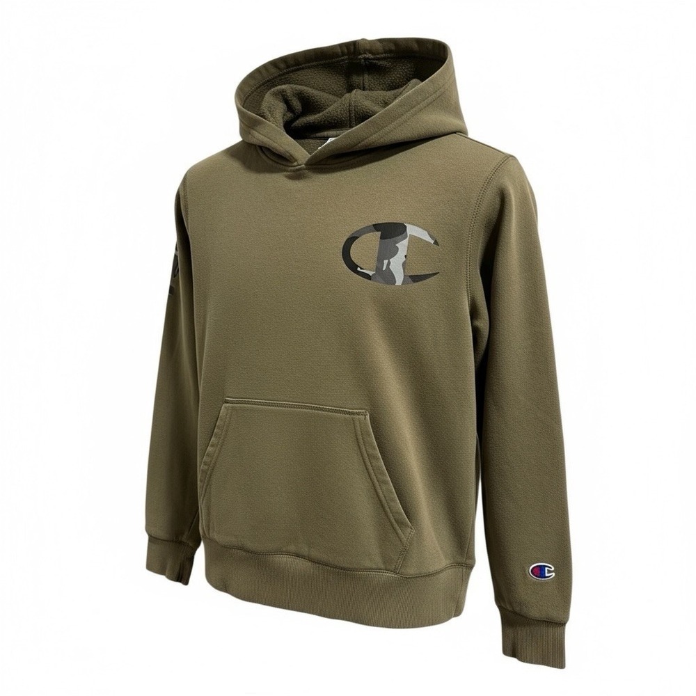Champion Hoodie Boys Medium Green Sweatshirt Sweater Spell Out‎ Logo Youth Olive